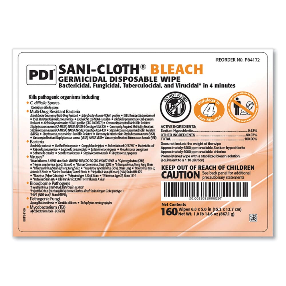 Sani-Cloth Bleach Germicidal Disposable Wipes, 1-Ply, 7.5 x 15, Unscented, White, 160/Canister, 12 Canisters/Carton - Image 3