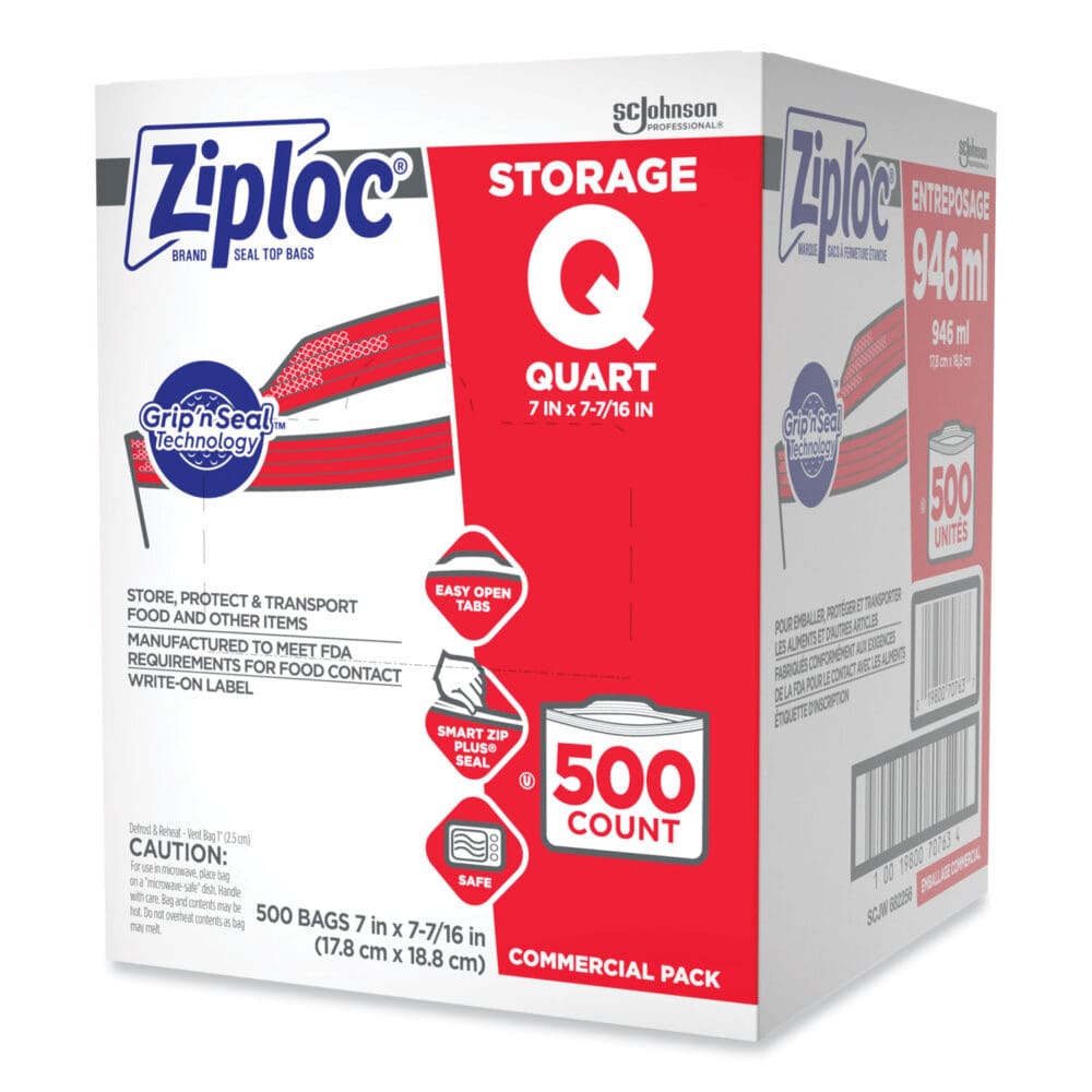 Double Zipper Storage Bags, 1 qt, 1.75 mil, 7" x 7.75", Clear, 500/Box - Image 2
