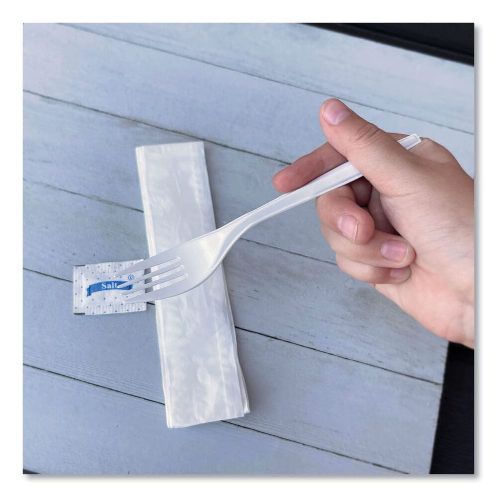 Three-Piece Utensil Set, Fork/Napkin/Salt Packet, White, 500/Carton - Image 2