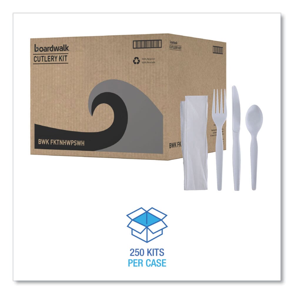 Four-Piece Cutlery Kit, Fork/Knife/Napkin/Teaspoon, Heavyweight, White, 250/Carton - Image 8