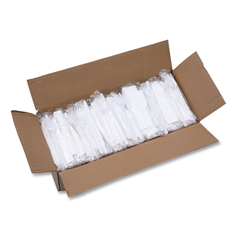 Four-Piece Cutlery Kit, Fork/Knife/Napkin/Teaspoon, Heavyweight, White, 250/Carton - Image 6