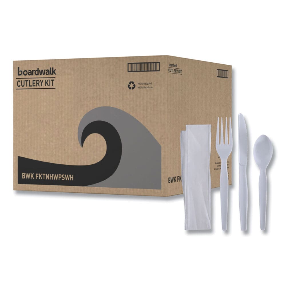 Four-Piece Cutlery Kit, Fork/Knife/Napkin/Teaspoon, Heavyweight, White, 250/Carton - Image 7