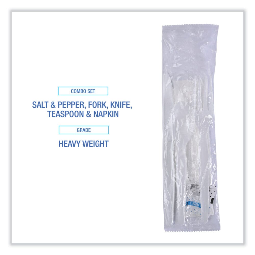Six-Piece Cutlery Kit, Condiment/Fork/Knife/Napkin/Spoon, Heavyweight, White, 250/Carton - Image 4