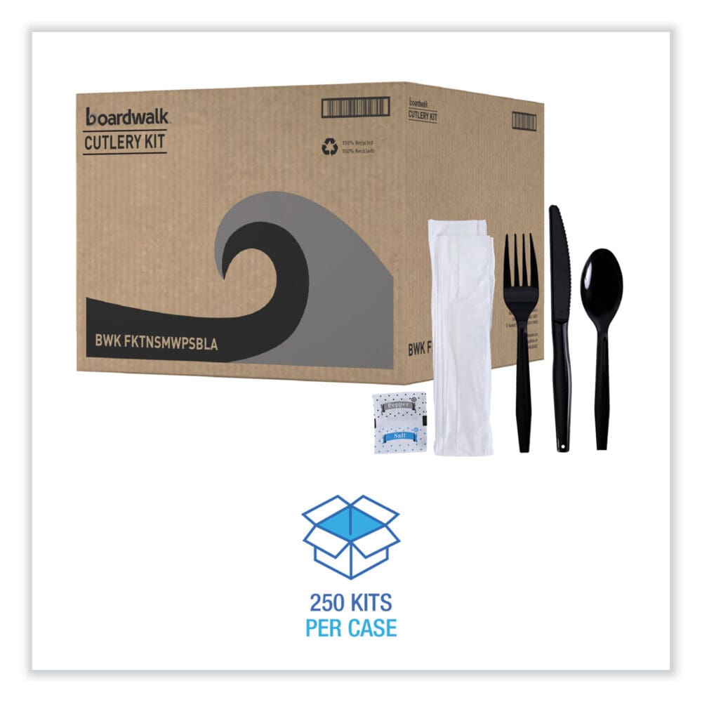 Six-Piece Cutlery Kit, Condiment/Fork/Knife/Napkin/Teaspoon, Black, 250/Carton - Image 9