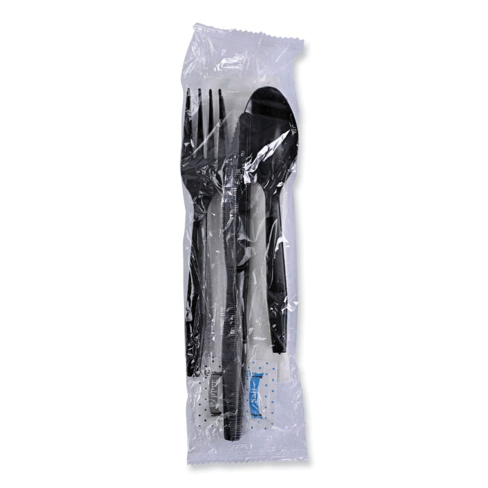 Six-Piece Cutlery Kit, Condiment/Fork/Knife/Napkin/Teaspoon, Black, 250/Carton - Image 6