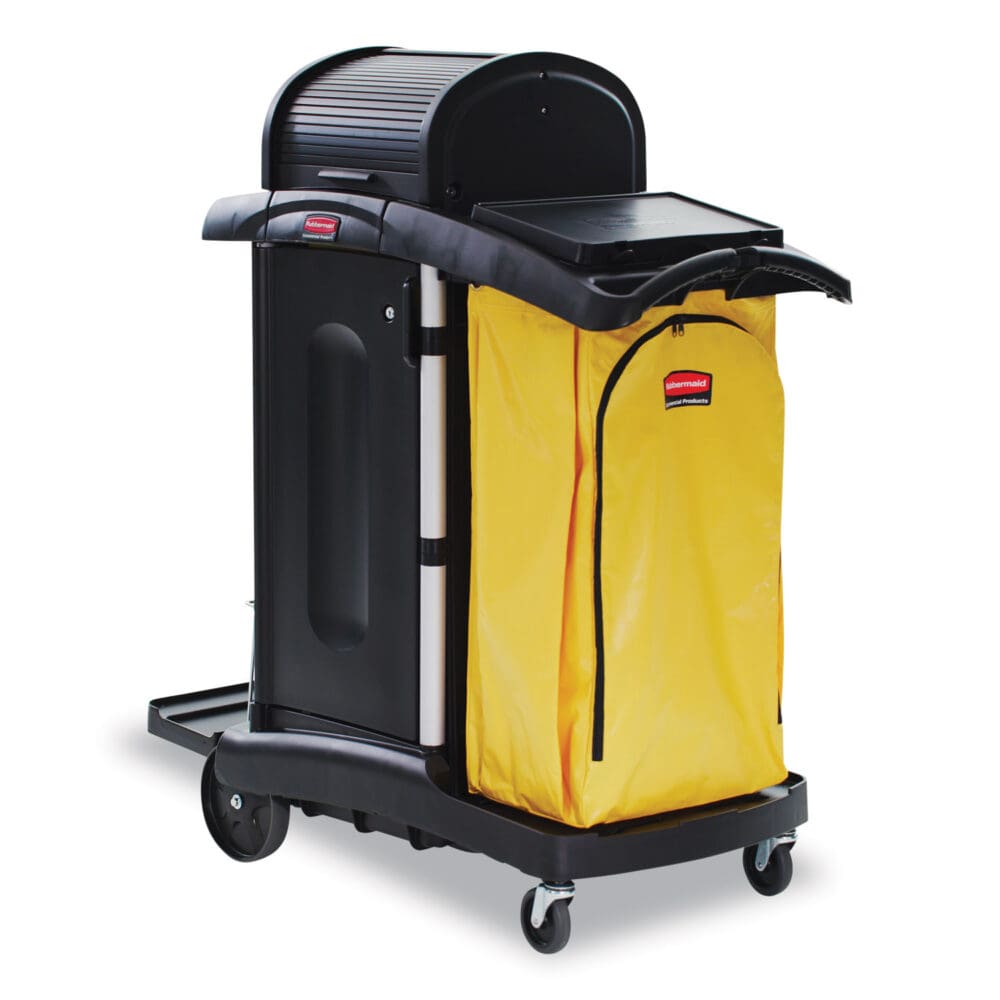 High-Security Healthcare Cleaning Cart, Metal, 4 Shelves, 1 Bin, 22" x 48.25" x 53.5", Black - Image 7