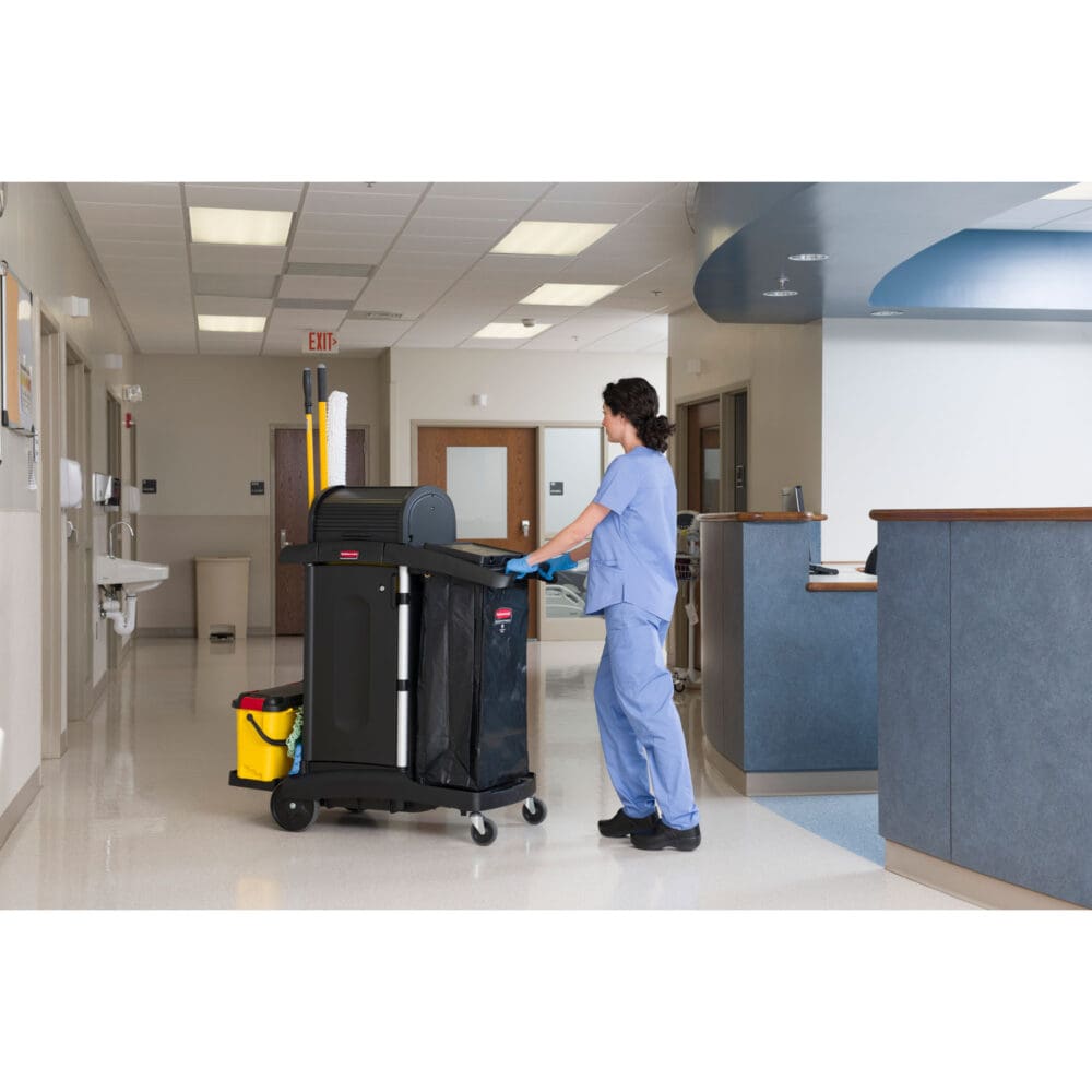Executive High Security Janitorial Cleaning Cart, Plastic, 4 Shelves, 1 Bin, 23.1" x 39.6" x 27.5", Black - Image 10
