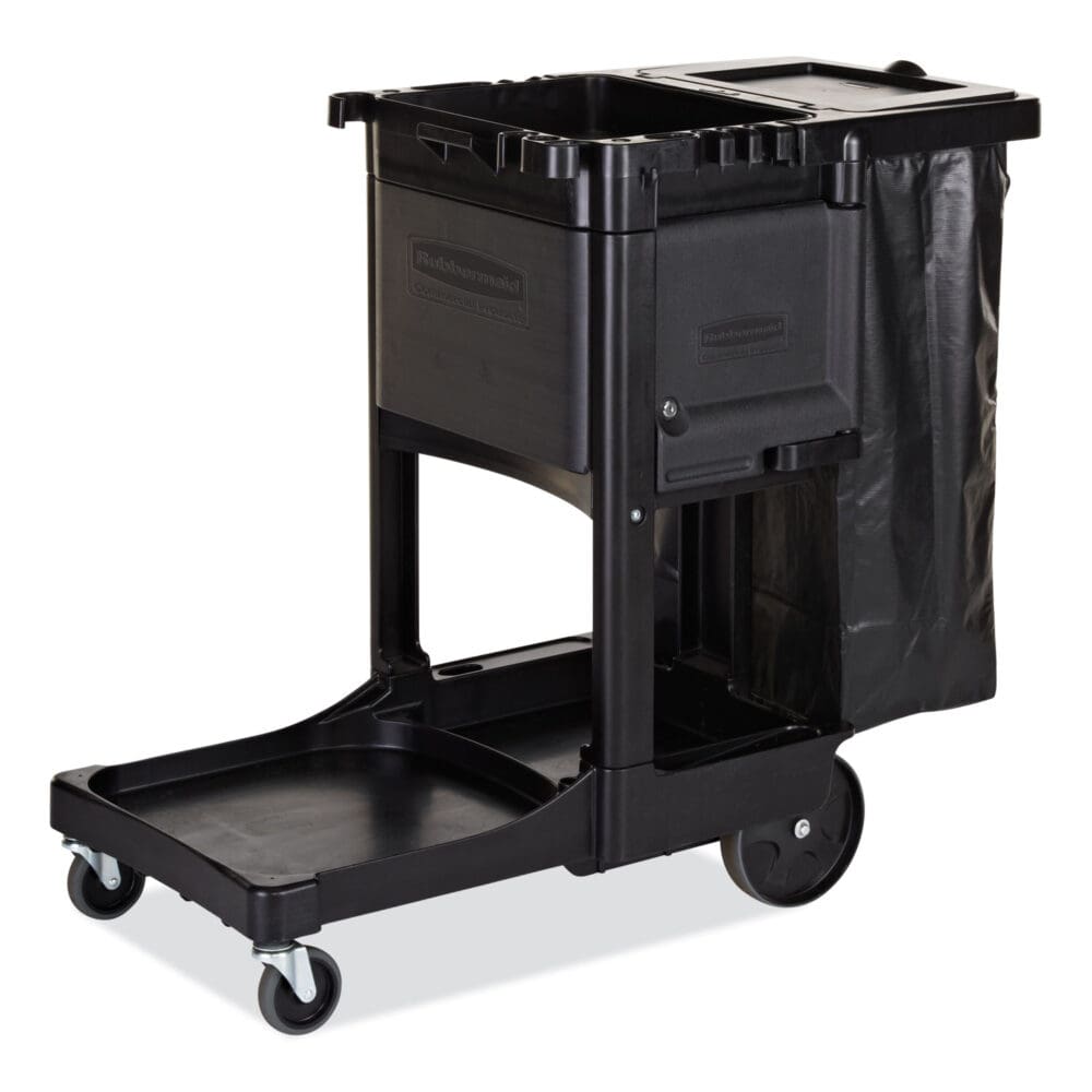 Executive Janitorial Cleaning Cart, Plastic, 4 Shelves, 1 Bin, 12.1" x 22.4" x 23", Black - Image 7