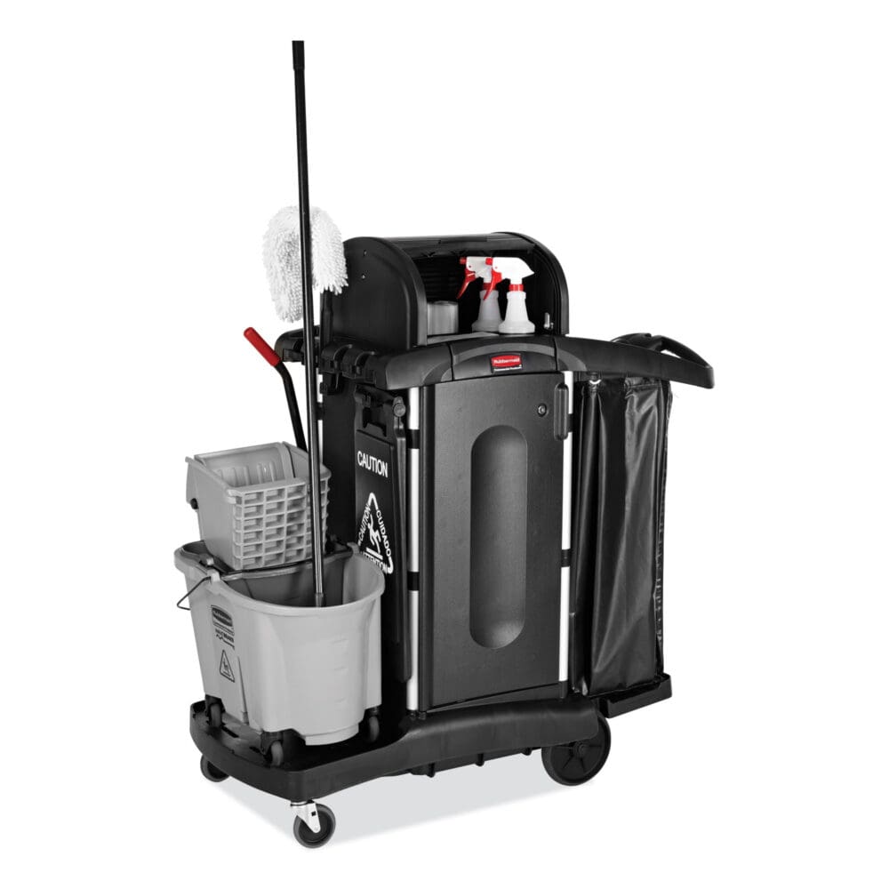 Executive High Security Janitorial Cleaning Cart, Plastic, 4 Shelves, 1 Bin, 23.1" x 39.6" x 27.5", Black - Image 2