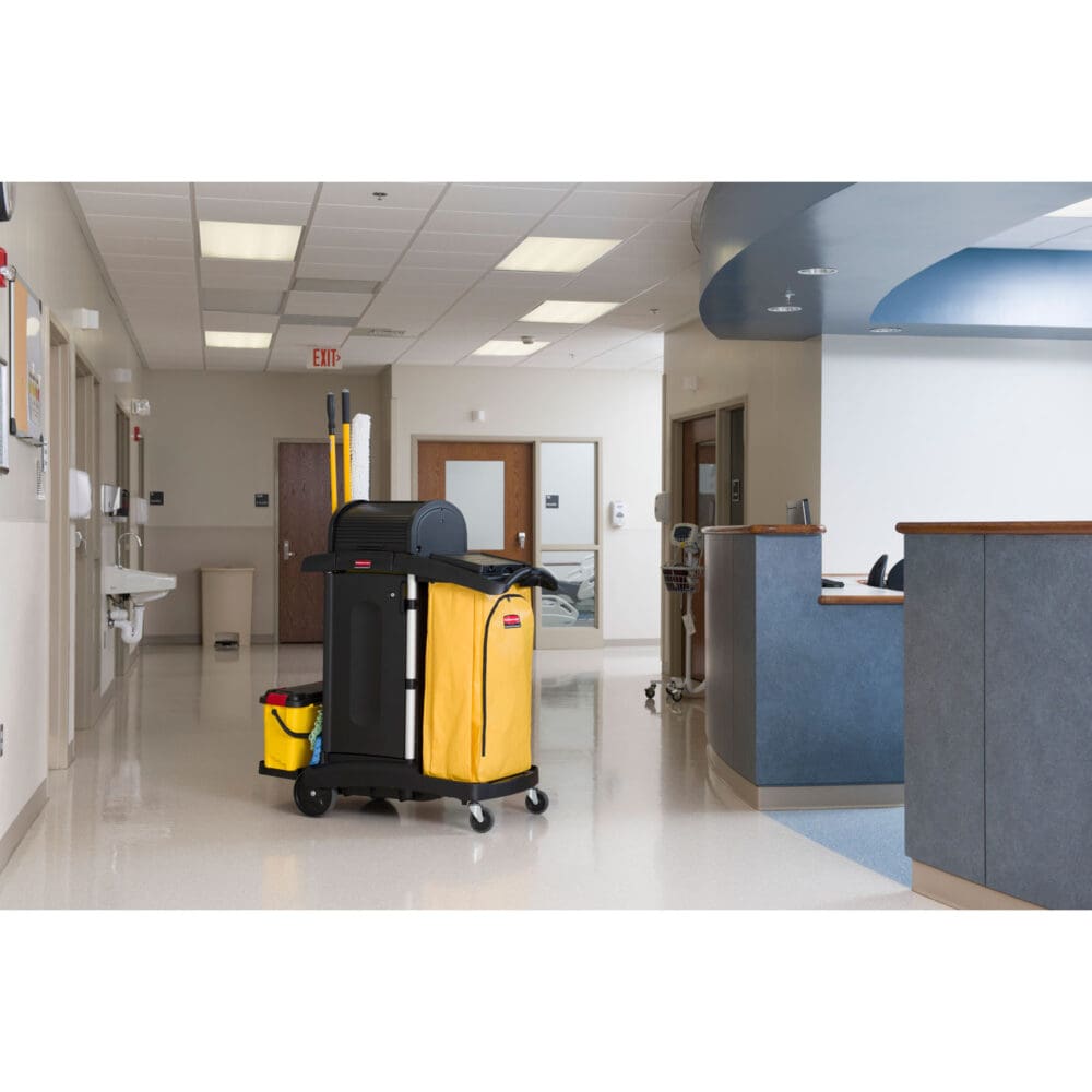 High-Security Healthcare Cleaning Cart, Metal, 4 Shelves, 1 Bin, 22" x 48.25" x 53.5", Black - Image 2