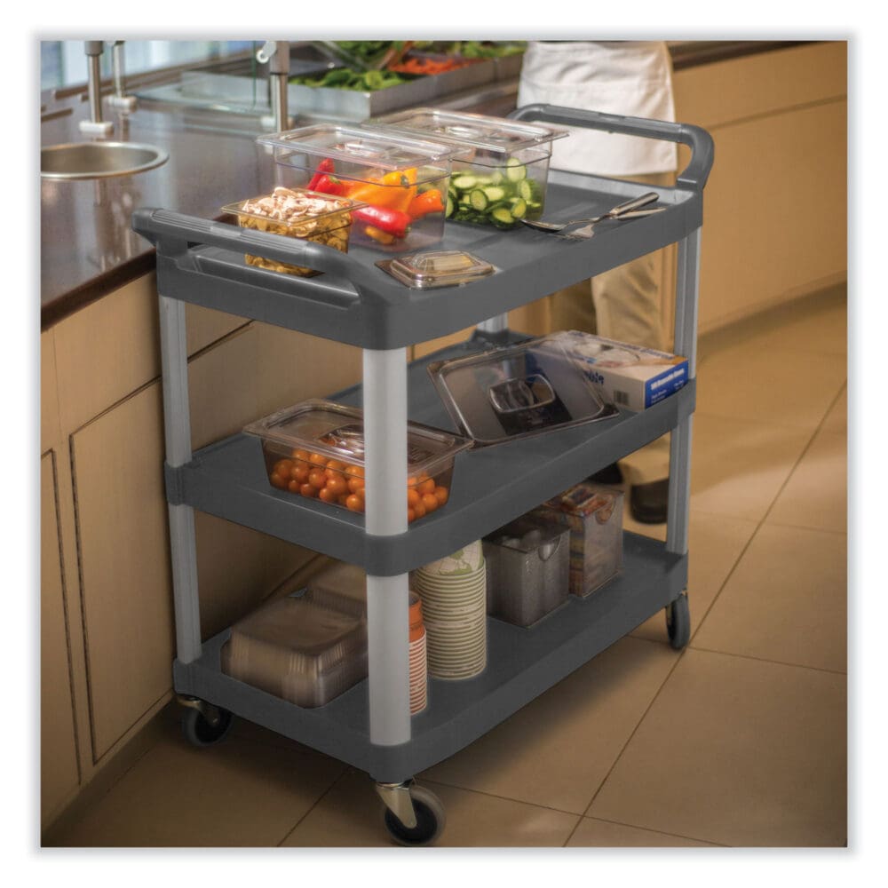 Xtra Utility Cart with Open Sides, Plastic, 3 Shelves, 300 lb Capacity, 20" x 40.63" x 37.8", Gray - Image 4