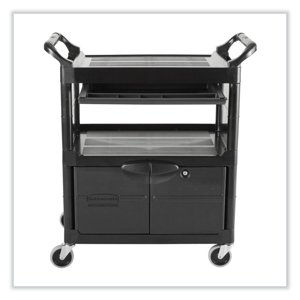 Utility Cart with Locking Doors, Plastic, 3 Shelves, 200 lb Capacity, 33.63" x 18.63" x 37.75", Black - Image 2