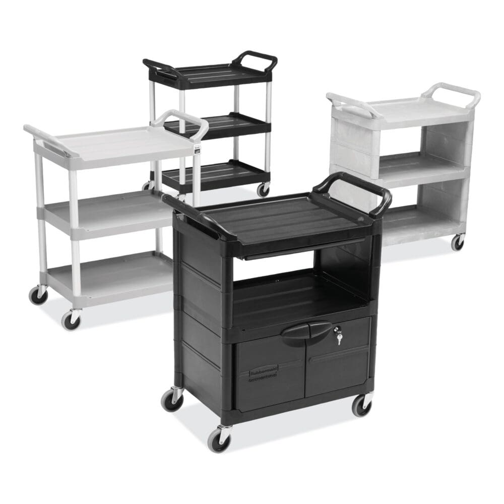 Utility Cart with Locking Doors, Plastic, 3 Shelves, 200 lb Capacity, 33.63" x 18.63" x 37.75", Black - Image 6