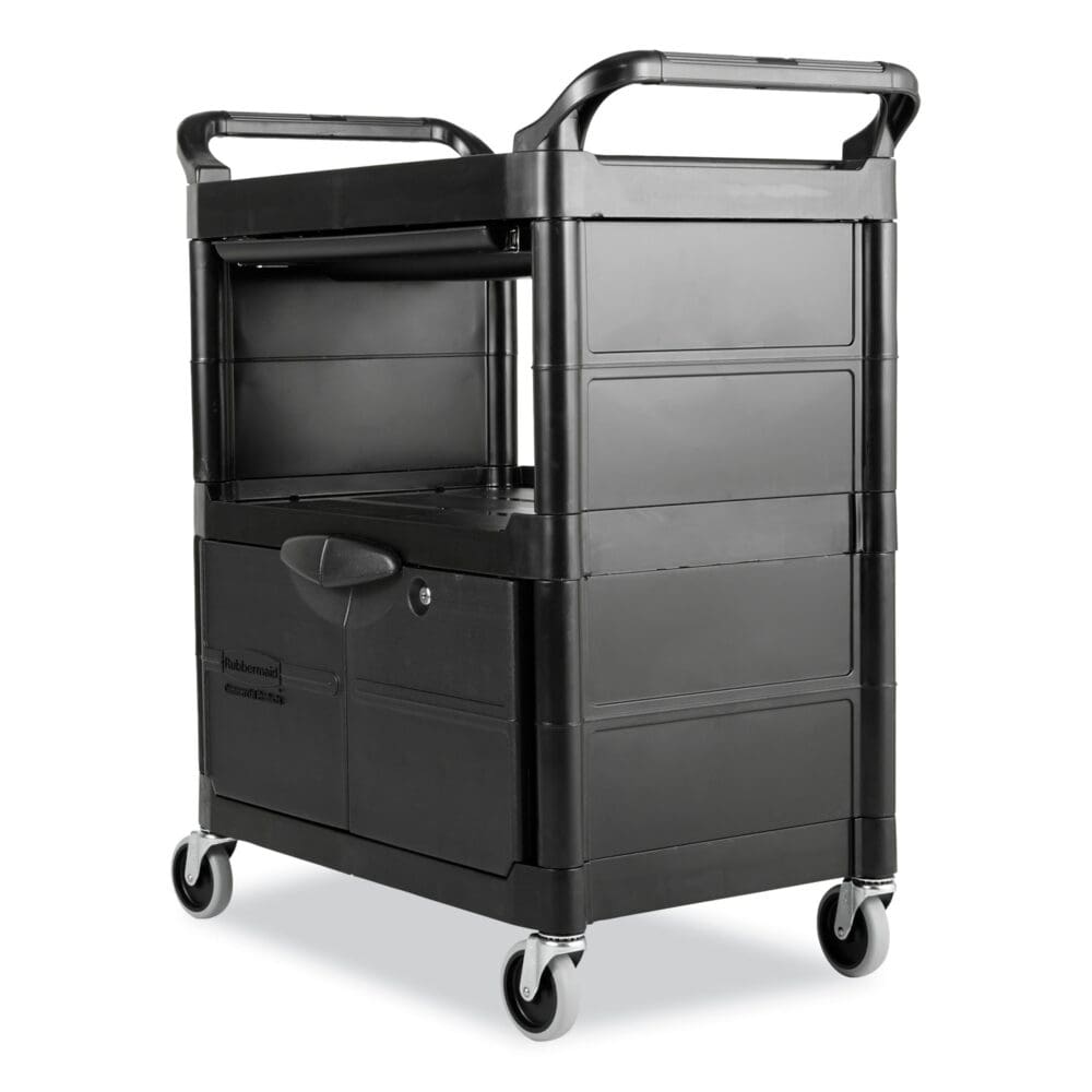 Utility Cart with Locking Doors, Plastic, 3 Shelves, 200 lb Capacity, 33.63" x 18.63" x 37.75", Black - Image 3