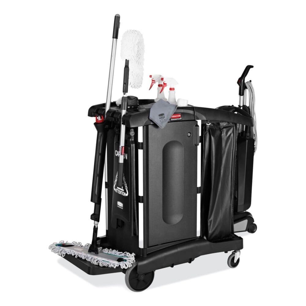 Executive High Security Janitorial Cleaning Cart, Plastic, 4 Shelves, 1 Bin, 23.1" x 39.6" x 27.5", Black - Image 3