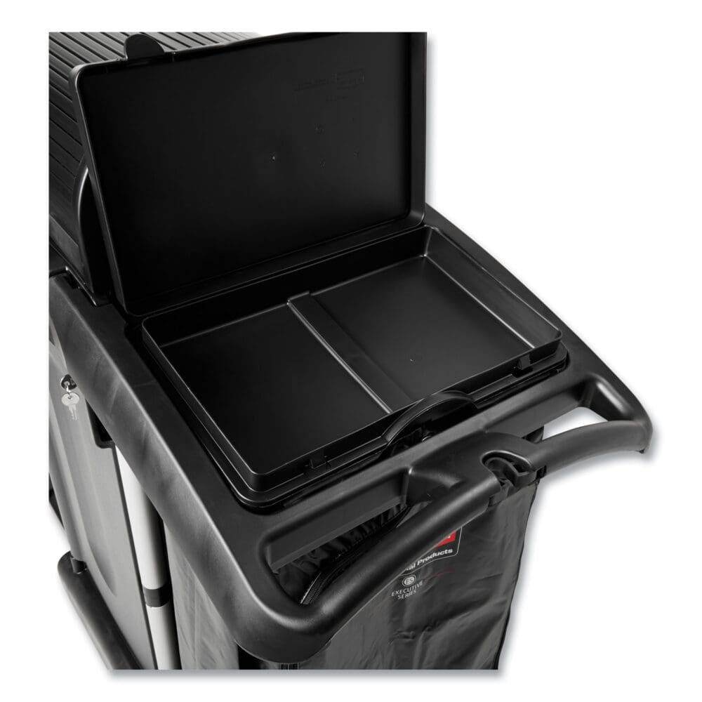 Executive High Security Janitorial Cleaning Cart, Plastic, 4 Shelves, 1 Bin, 23.1" x 39.6" x 27.5", Black - Image 9