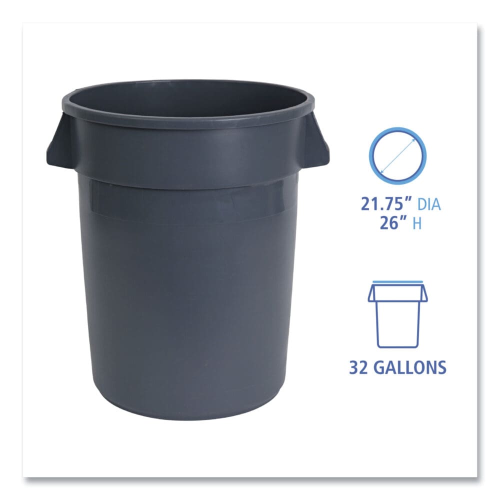 Round Waste Receptacle, 32 gal, Linear-Low-Density Polyethylene, Gray - Image 6