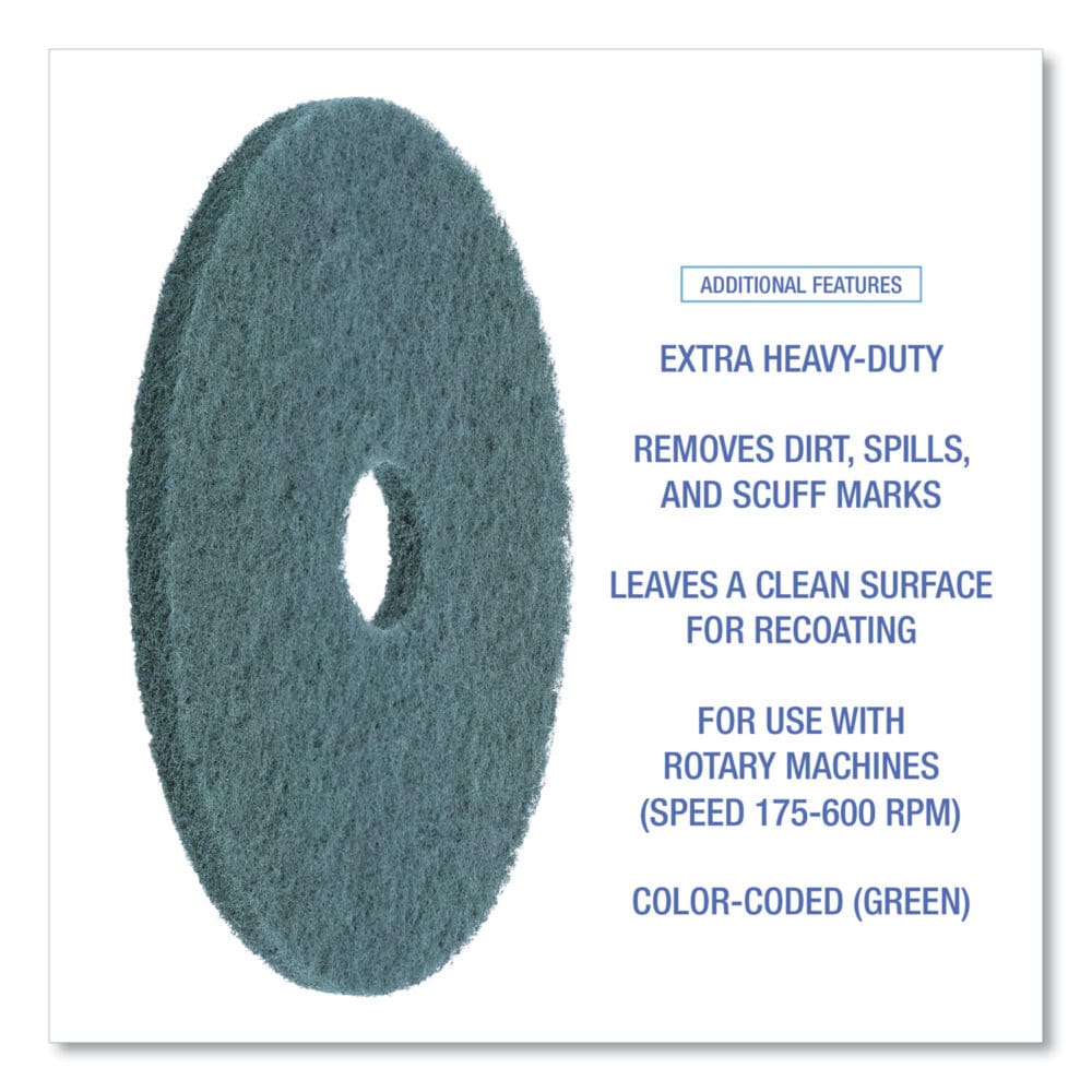 Heavy-Duty Scrubbing Floor Pads, 17" Diameter, Green, 5/Carton - Image 3