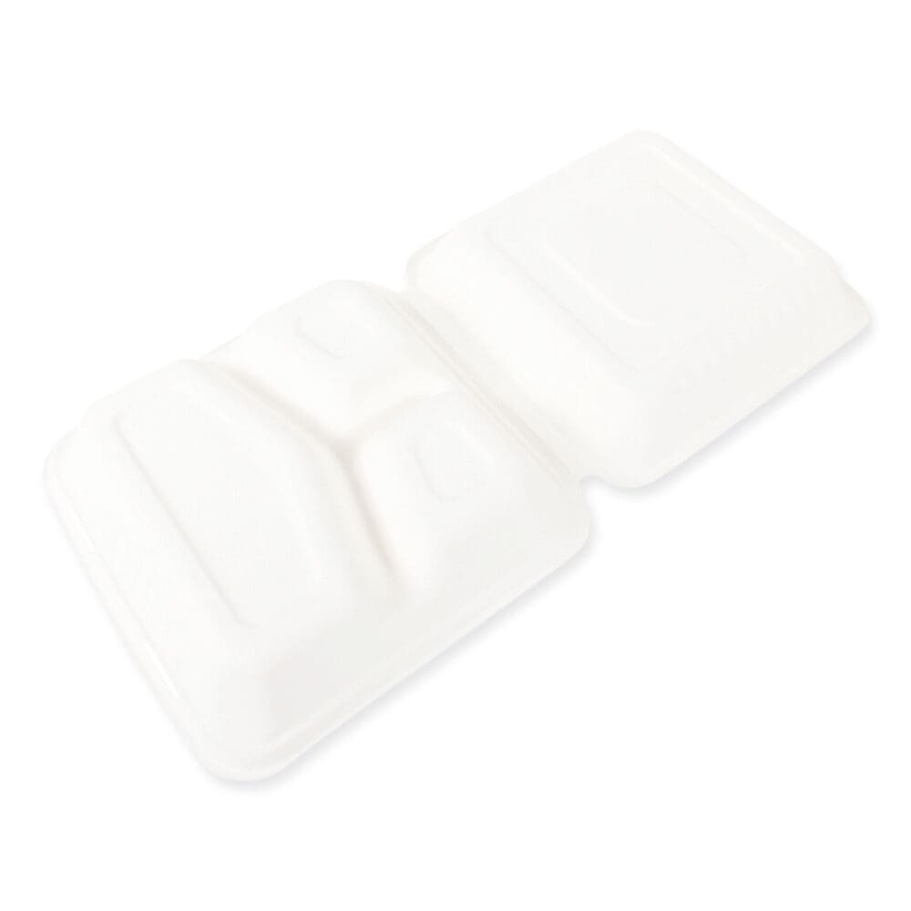 Bagasse PFAS-Free Food Containers, 3-Compartment, 9 x 9 x 3.19, White, Bamboo/Sugarcane, 200/Carton - Image 2