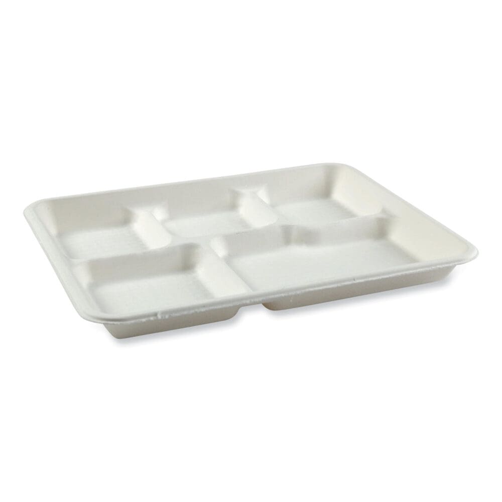 Bagasse PFAS-Free Food Tray, 5-Compartment, 8.26 x 10.23 x 0.94, White, Bamboo/Sugarcane, 500/Carton - Image 2