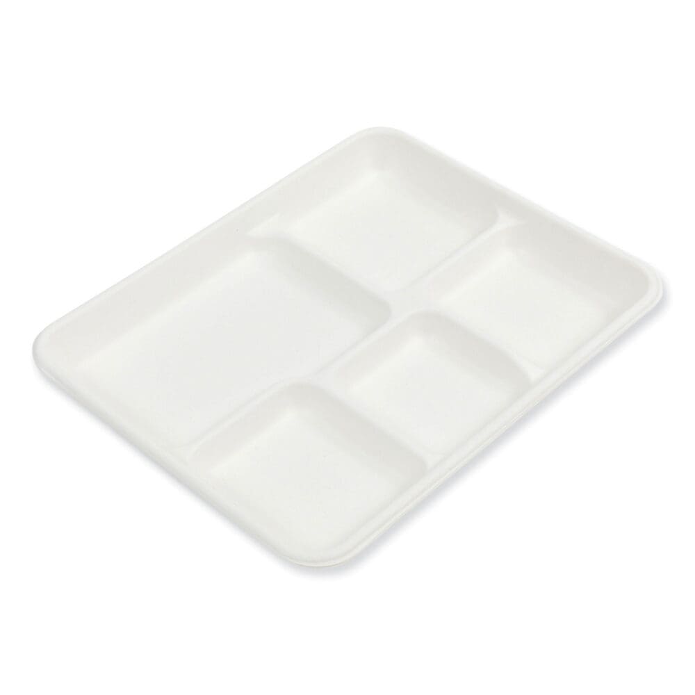 Bagasse PFAS-Free Food Tray, 5-Compartment, 8.26 x 10.23 x 0.94, White, Bamboo/Sugarcane, 500/Carton - Image 4