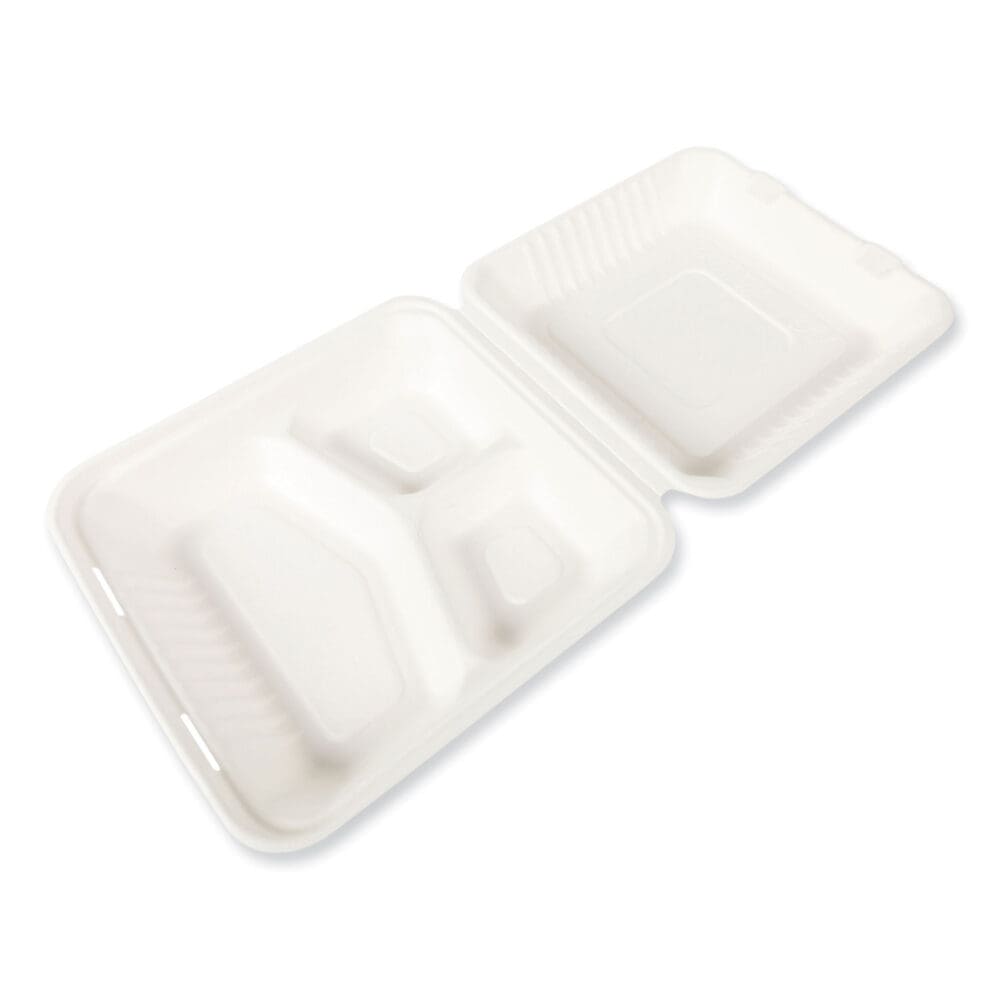 Bagasse PFAS-Free Food Containers, 3-Compartment, 9 x 9 x 3.19, White, Bamboo/Sugarcane, 200/Carton - Image 4