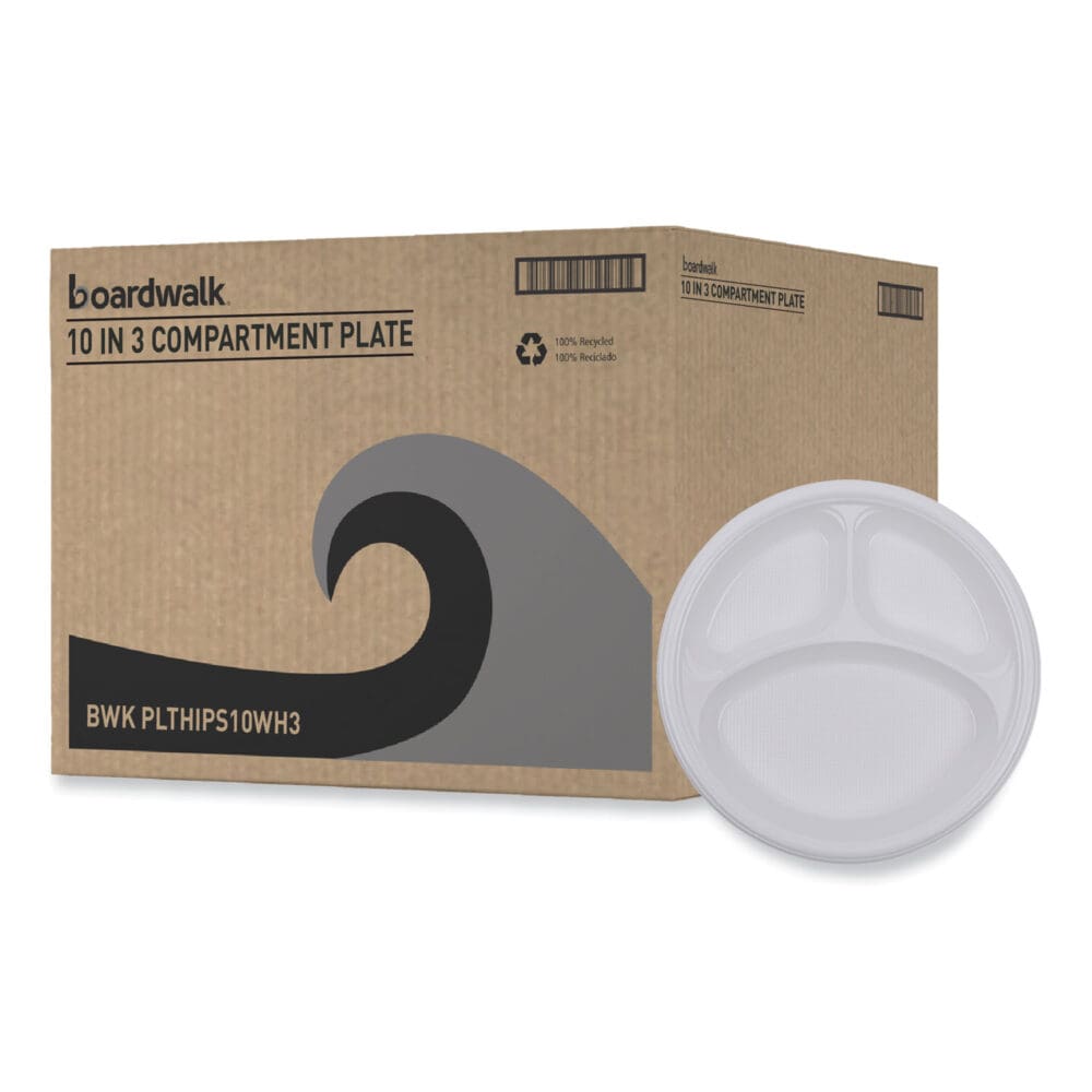 Hi-Impact Plastic Dinnerware, Plate, 3-Compartment, 10" dia, White, 500/Carton - Image 8