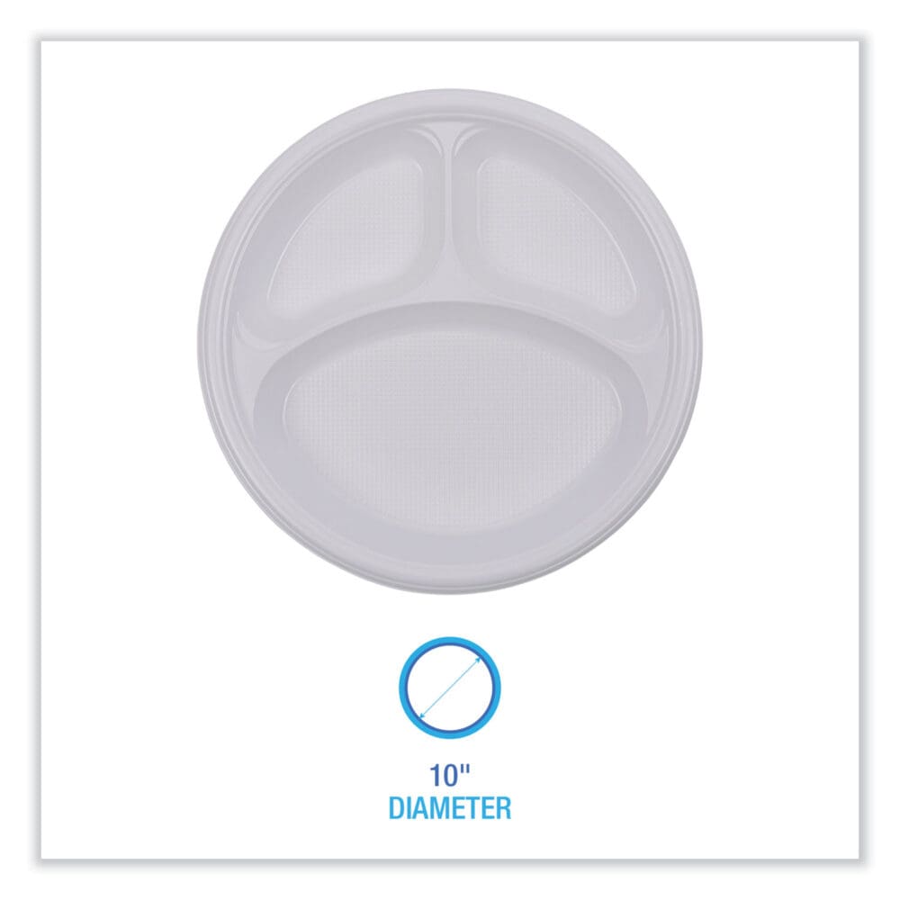 Hi-Impact Plastic Dinnerware, Plate, 3-Compartment, 10" dia, White, 500/Carton - Image 9
