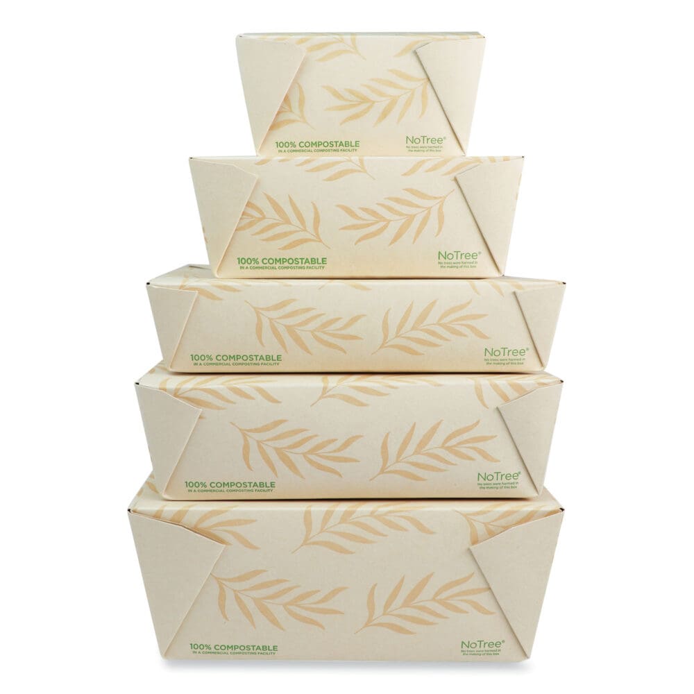No Tree Folded Takeout Containers, 65 oz, 6.25 x 8.7 x 2.5, Natural, Sugarcane, 200/Carton - Image 2