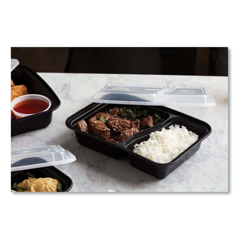 Newspring VERSAtainer Microwavable Containers, Rectangular, 2-Compartment, 30 oz, 6 x 8.5 x 2.5, Black/Clear, Plastic, 150/CT - Image 4