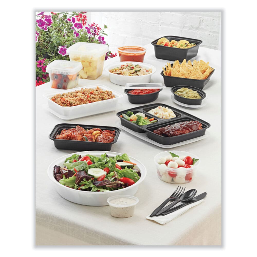 Newspring VERSAtainer Microwavable Containers, Round, 3-Compartment, 39 oz, 9 x 9 x 2.25, Black/Clear, Plastic, 150/Carton - Image 3