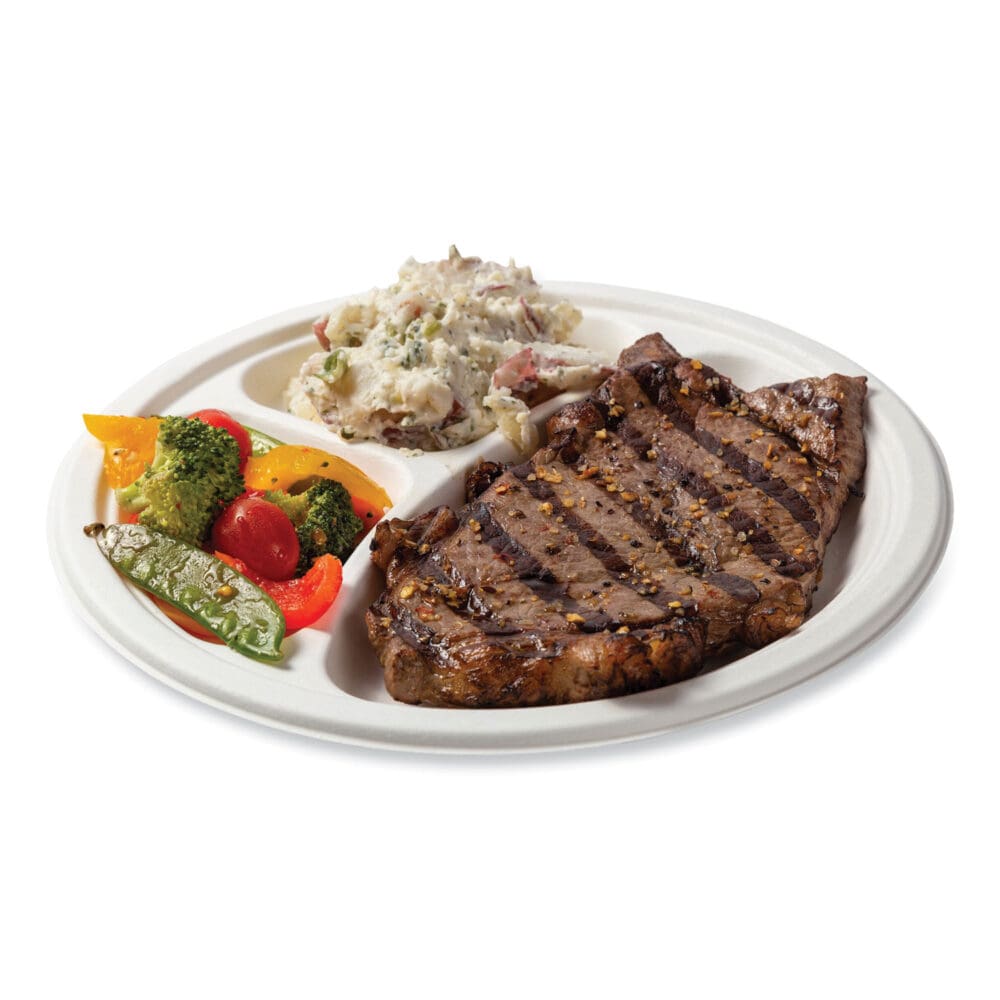 Bagasse PFAS-Free Dinnerware, 3-Compartment Plate, 10.24" dia, White, 500/Carton - Image 4