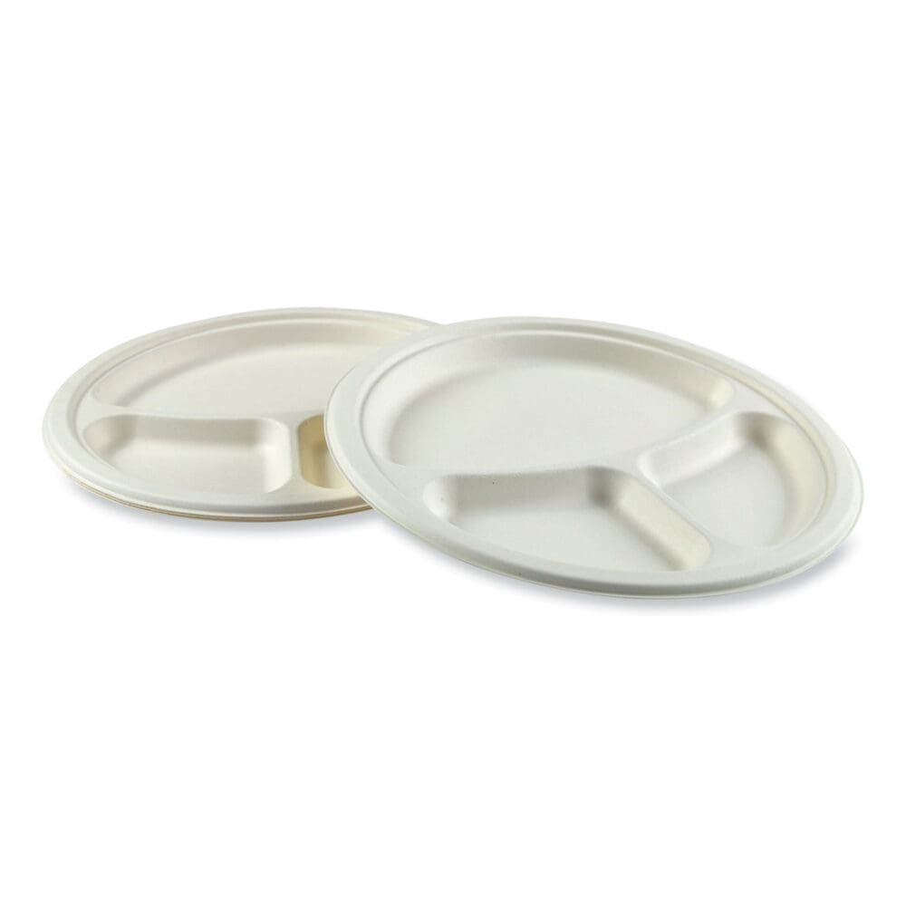Bagasse PFAS-Free Dinnerware, 3-Compartment Plate, 10.24" dia, White, 500/Carton - Image 3