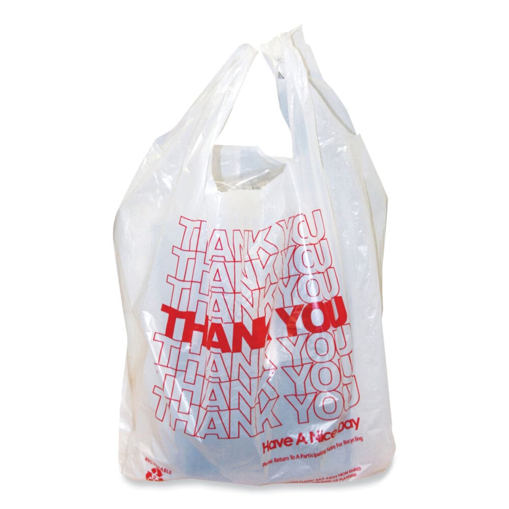 Thank You Bags, 11.5 x 6.5 x 21, White with Red Print, 1,000/Carton - Image 2