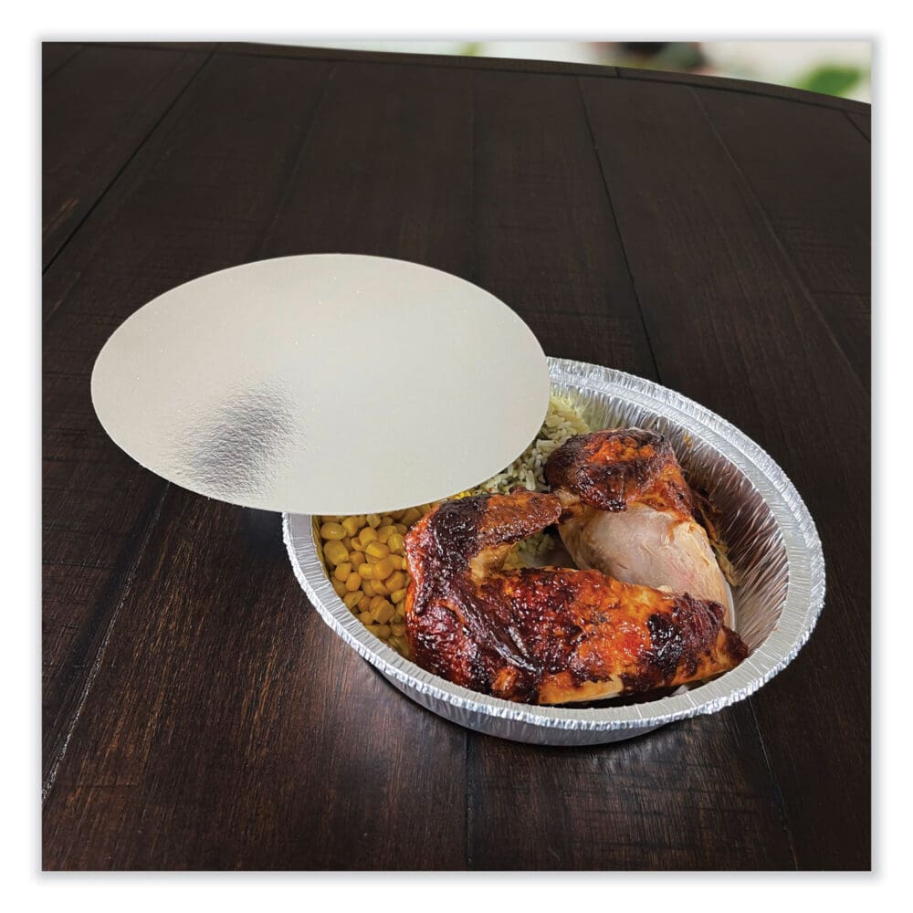 Round Aluminum To-Go Containers with Lid, 48 oz, 9" Diameter x 1.66"h, Silver, 200/Carton - Image 4