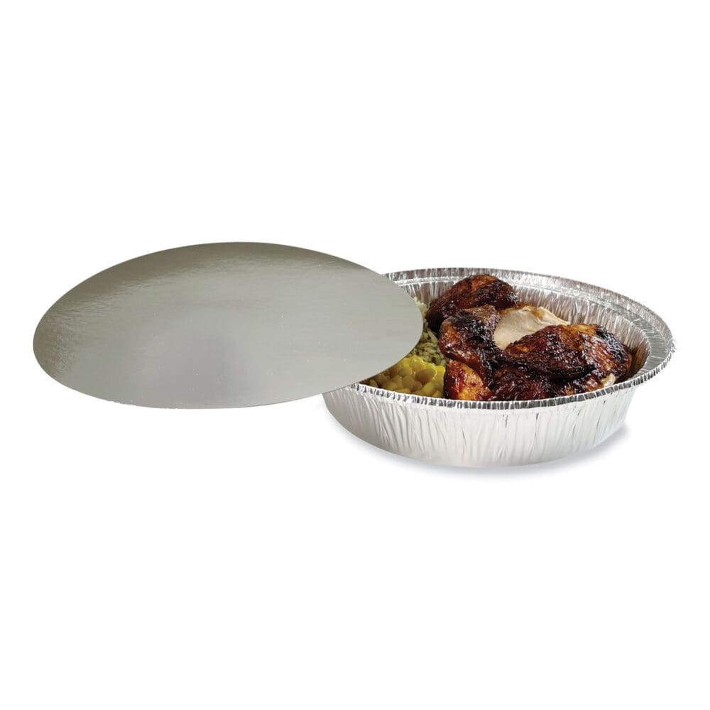 Round Aluminum To-Go Container Lids, Flat Lid, 9", Silver, Paper, 500/Carton - Image 2