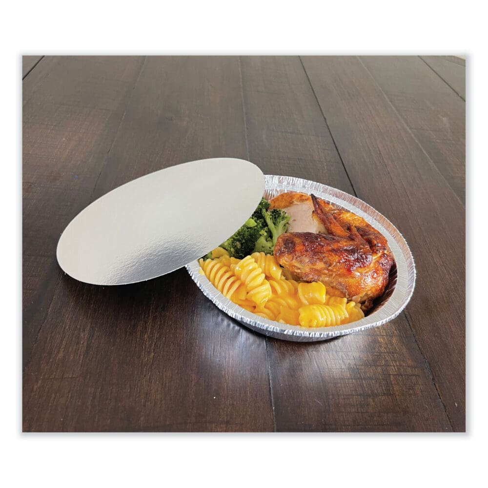 Round Aluminum To-Go Container Lids, Flat Lid, 7", Silver, Paper, 500/Carton - Image 2