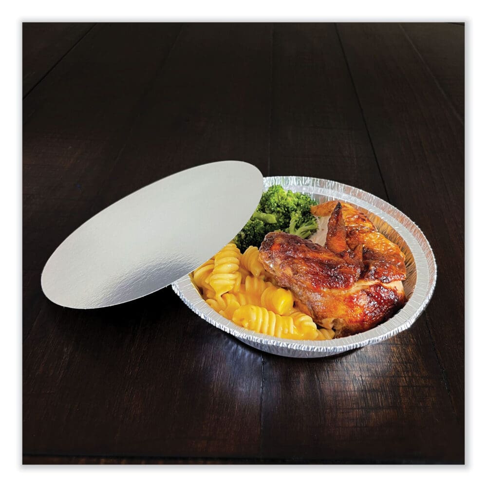 Round Aluminum To-Go Containers with Lid, 24 oz, 7" Diameter x 1.47"h, Silver 200/Carton - Image 2