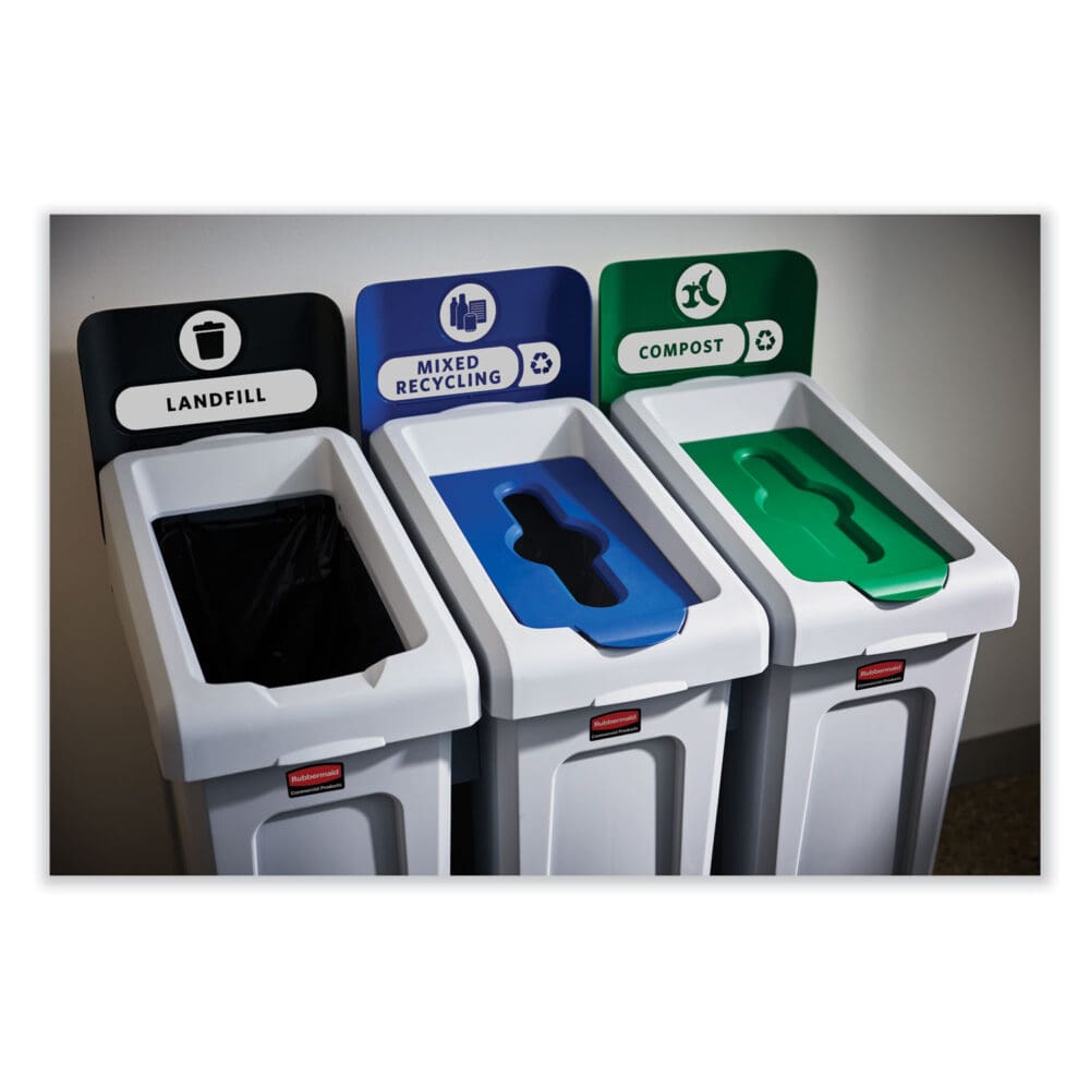 Slim Jim Recycling Station Kit, 3-Stream Landfill/Mixed Recycling, 69 gal, Plastic, Blue/Gray/Green - Image 3