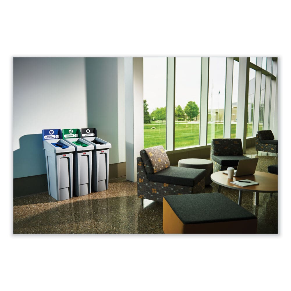 Slim Jim Recycling Station Kit, 3-Stream Landfill/Mixed Recycling, 69 gal, Plastic, Blue/Gray/Green - Image 4