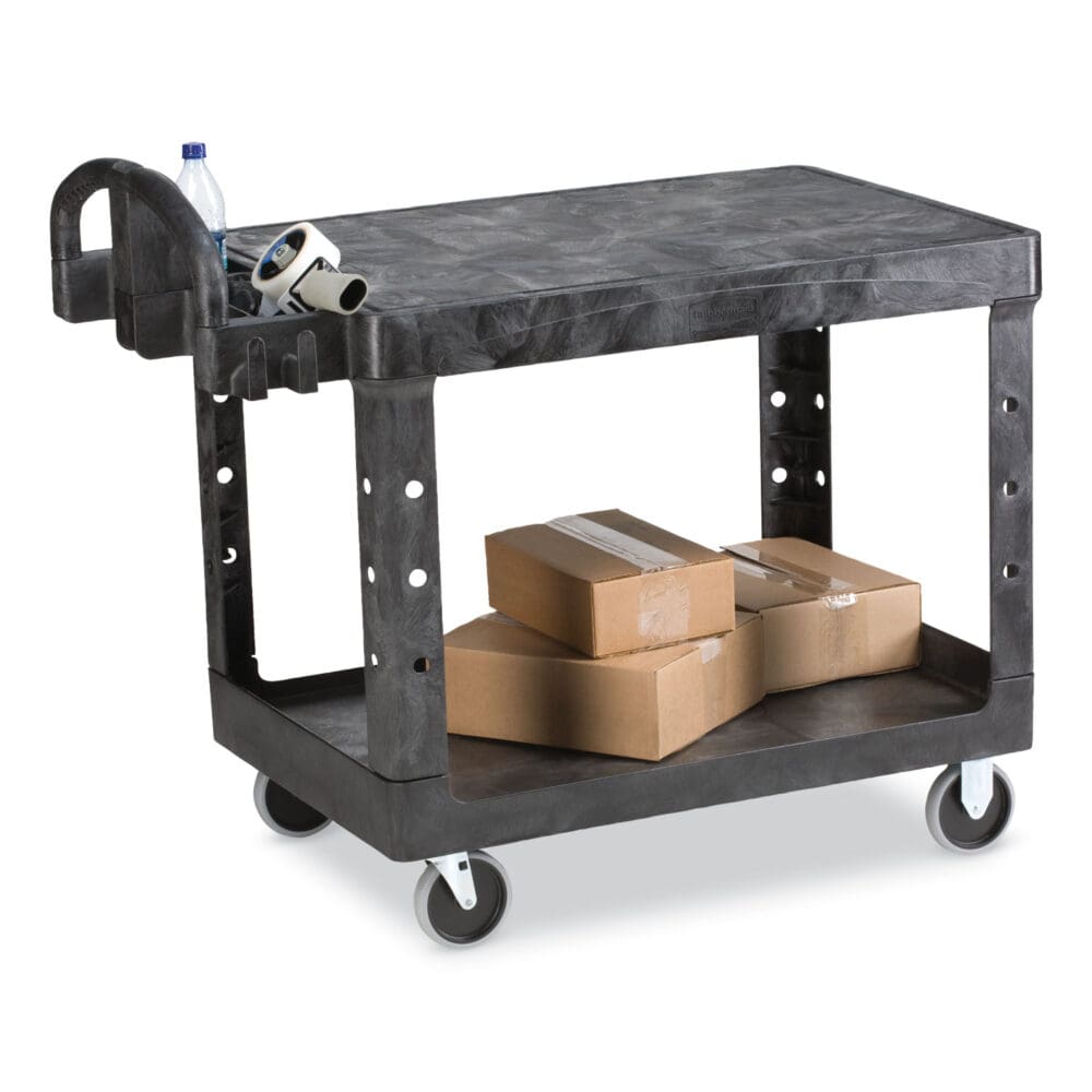 Flat Shelf Utility Cart, Plastic, 2 Shelves, 500 lb Capacity, 25.25" x 44" x 38.13", Black - Image 6
