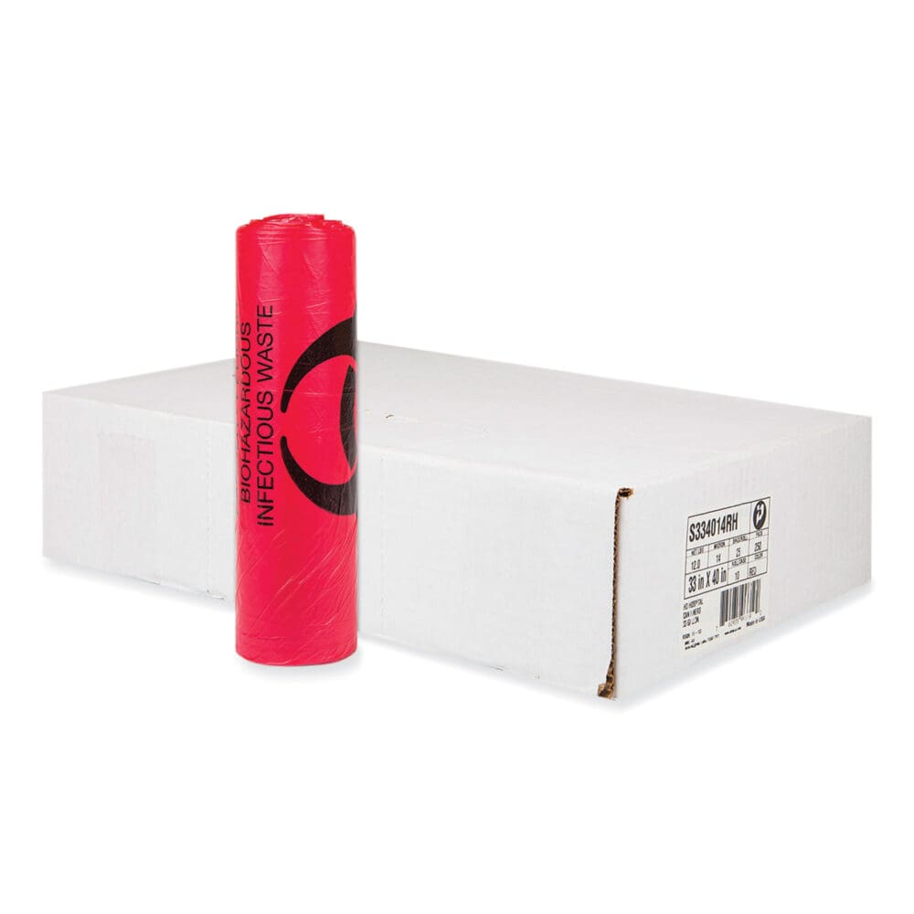 Biohazard High-Density Commercial Can Liners, 33 gal, 13 mic, 33" x 40", Red, 25 Bags/Roll, 20 Interleaved Rolls/Carton - Image 2