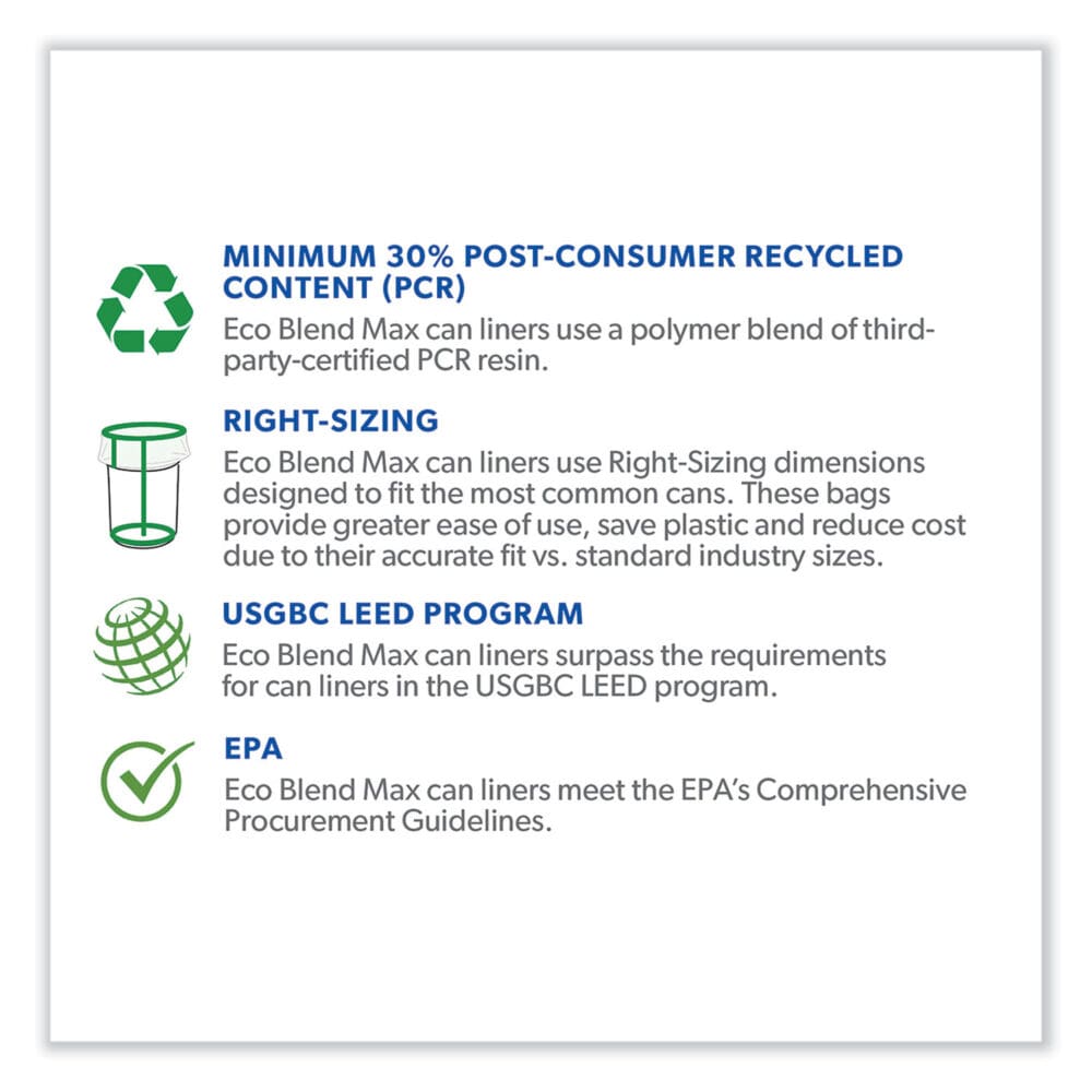 Eco Blend Max Can Liners, 23 gal, 0.8 mil, 28" x 45", Blue, 25 Bags/Roll, 10 Rolls/Carton - Image 2