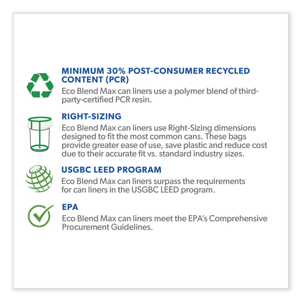 Eco Blend Max Can Liners, 60 gal, 0.8 mil, 38" x 58", Clear, 20 Bags/Roll, 5 Rolls/Carton - Image 2