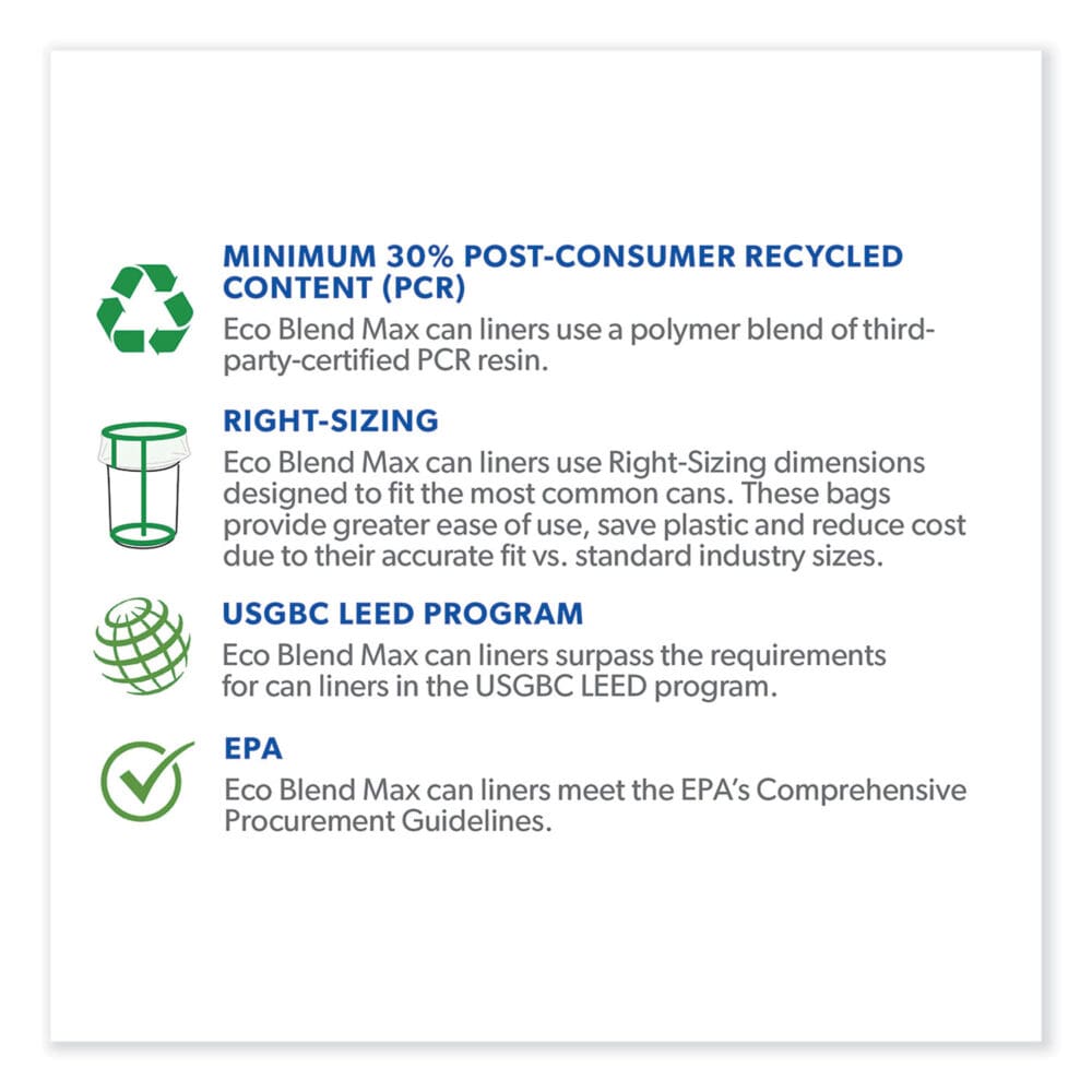 Eco Blend Max Can Liners, 40 to 45 gal, 0.8 Mil, 40" x 46", Blue, 25 Bags/Roll, 6 Rolls/Carton - Image 2