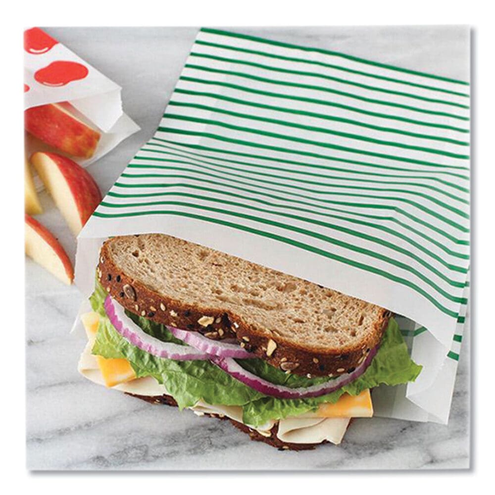 Paper Sandwich Bag, 7.1 x 2 x 9.4, White with Green Stripes, 50/Box - Image 5