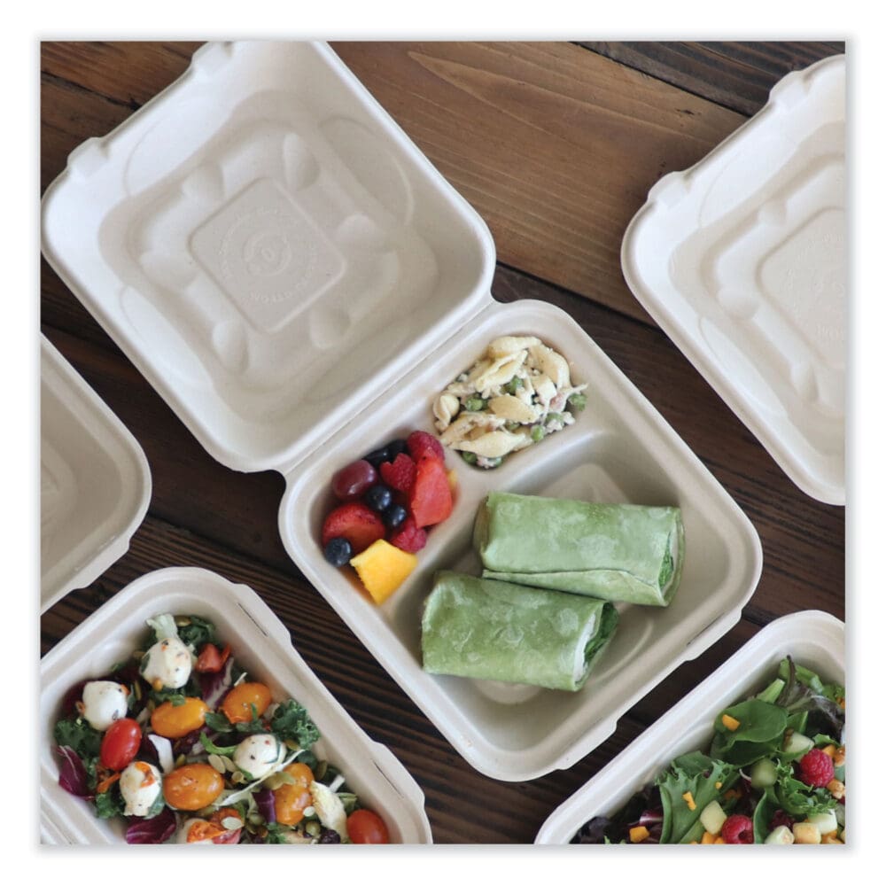 Fiber Hinged Containers, 3-Compartment, 8.8 x 8.2 x 2.9, Natural, Paper, 300/Carton - Image 3