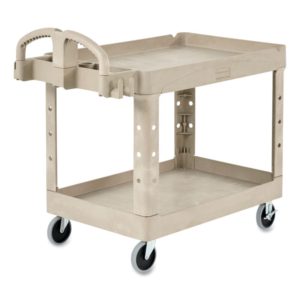 Heavy-Duty Utility Cart with Lipped Shelves, Plastic, 2 Shelves, 500 lb Capacity, 17.13" x 38.5" x 38.88", Beige - Image 2