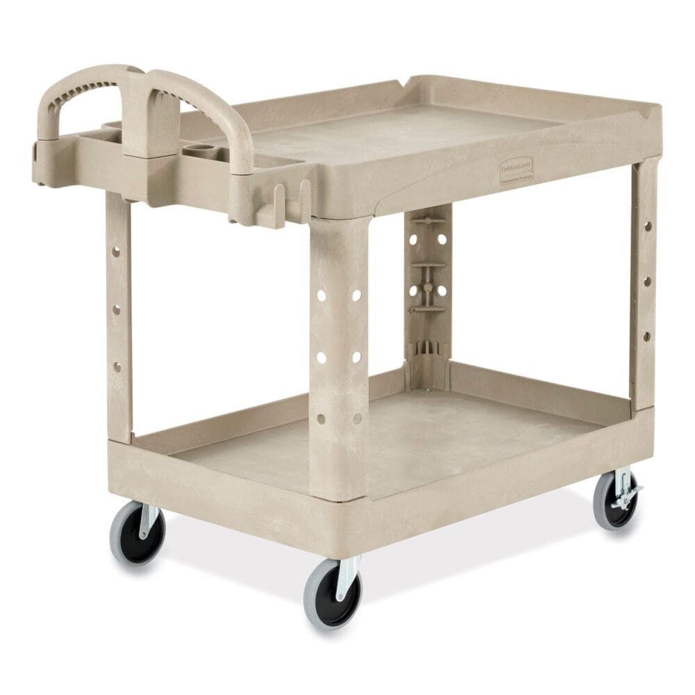Heavy-Duty Utility Cart with Lipped Shelves, Plastic, 2 Shelves, 500 lb Capacity, 25.9" x 45.2" x 32.2", Beige - Image 2