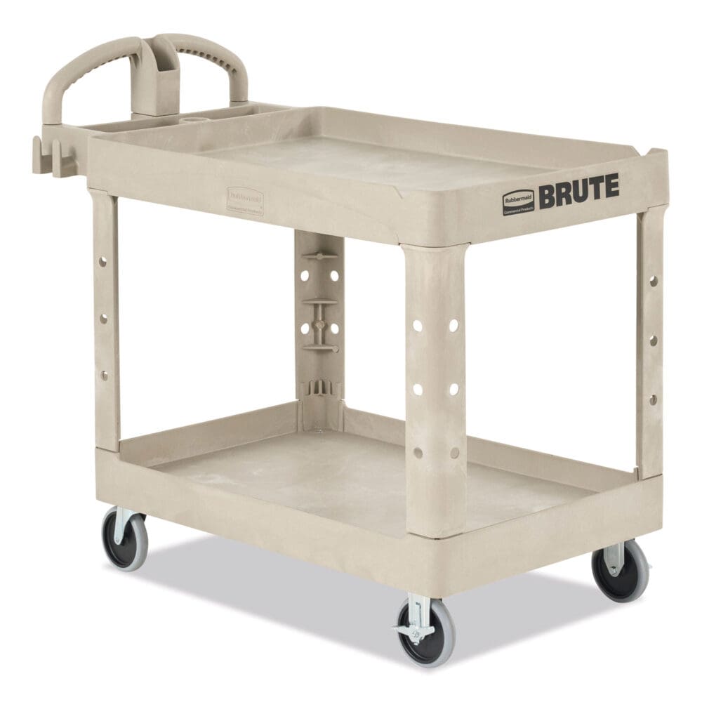Heavy-Duty Utility Cart with Lipped Shelves, Plastic, 2 Shelves, 500 lb Capacity, 25.9" x 45.2" x 32.2", Beige - Image 3